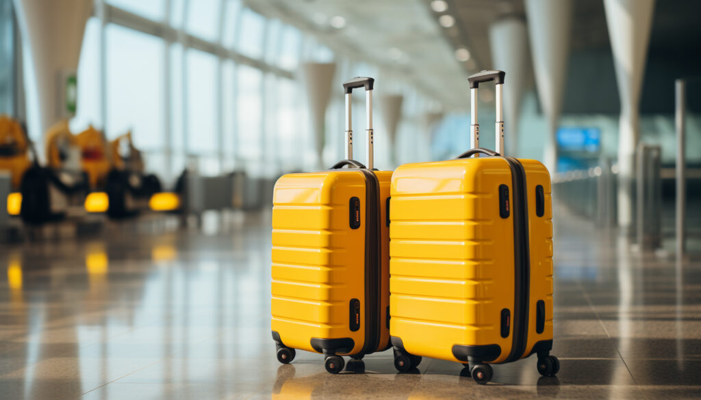 Yellow suitcases in an airport setting, symbolizing travel and adventure, relevant to planning vacations with Tropical Travel Adventures LLC.