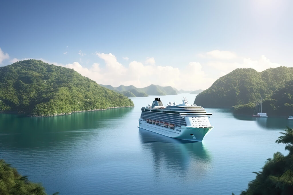 Cruise ship navigating through serene waters surrounded by lush green islands, highlighting ocean cruise experience.