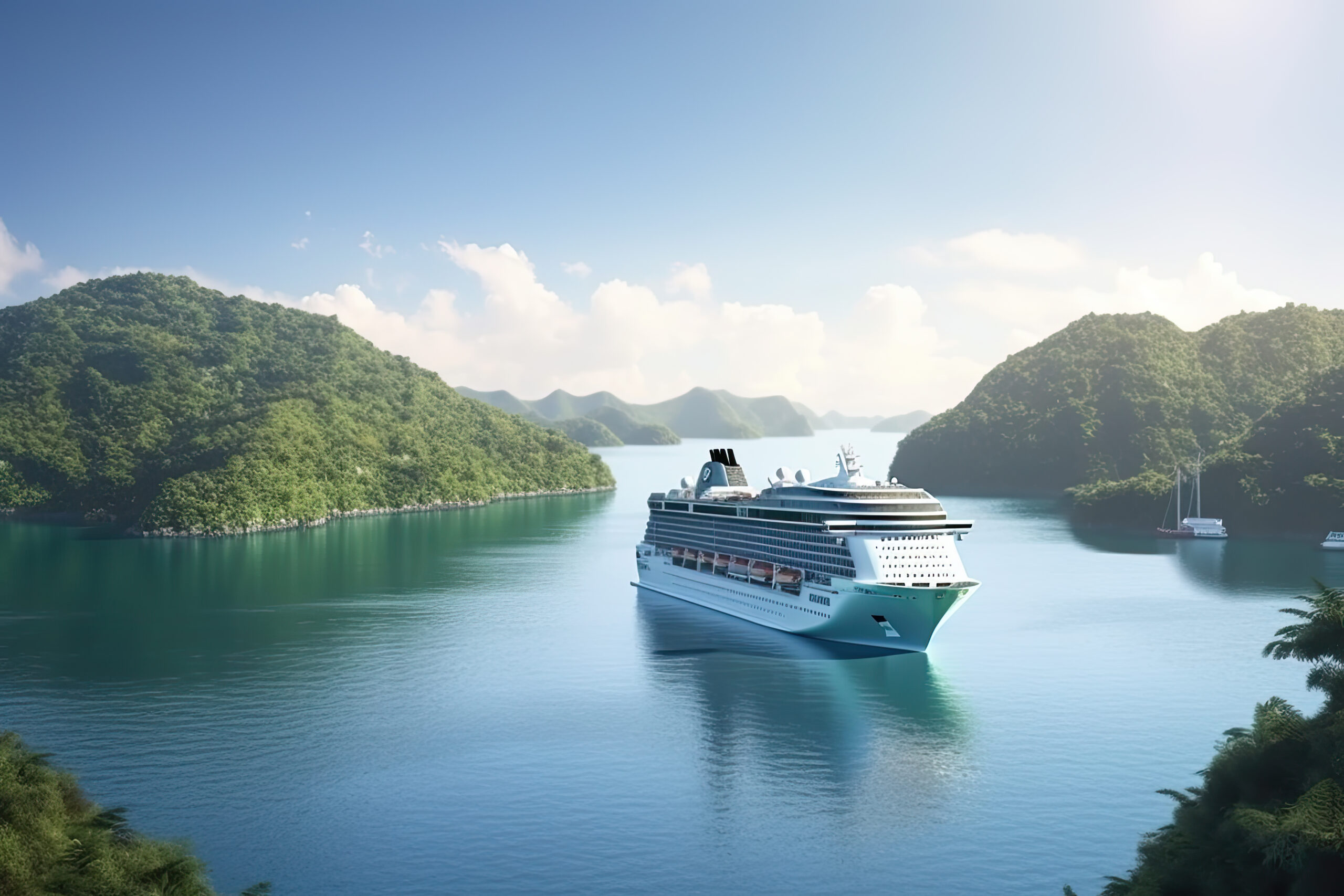 Cruise ship navigating tranquil waters surrounded by lush green mountains, illustrating the serene experience of ocean cruises.