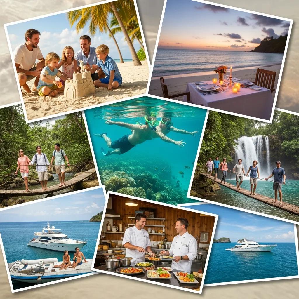 Collage of personalized tropical vacation experiences, featuring family building a sandcastle on the beach, romantic dinner setting by the ocean, snorkeling in vibrant coral reefs, couples walking on a nature trail, chefs preparing gourmet meals, and luxury yacht in clear waters.