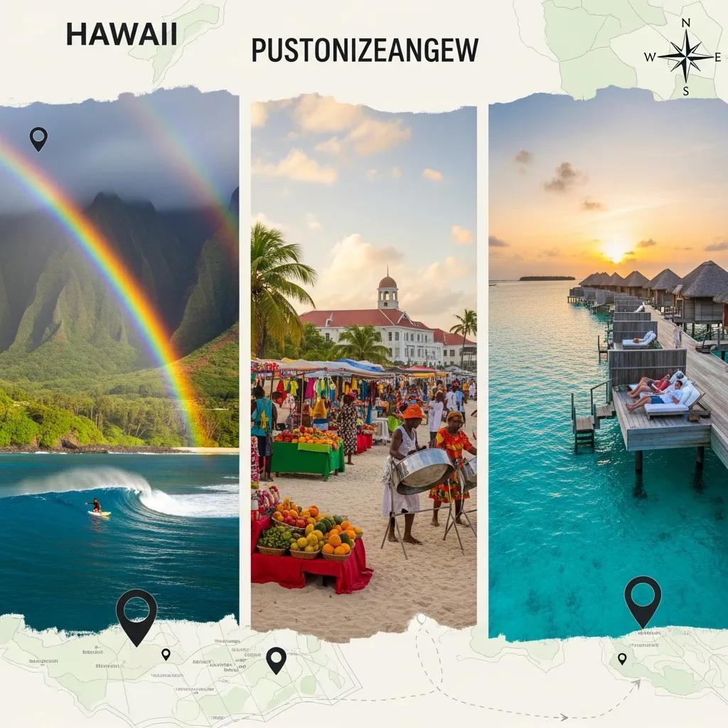 Hawaii's lush landscape with a rainbow, vibrant market scene showcasing local produce in a tropical setting, and serene overwater bungalows at sunset in the Maldives, representing customizable travel experiences in top tropical destinations.