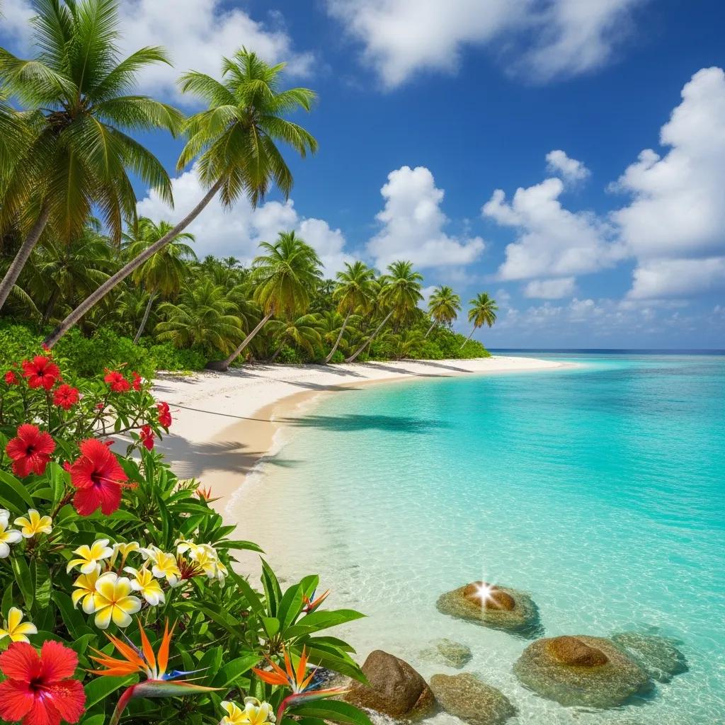 Secluded tropical beach with clear turquoise waters, lush palm trees, and vibrant flowers, representing hidden vacation gems for unique getaways.