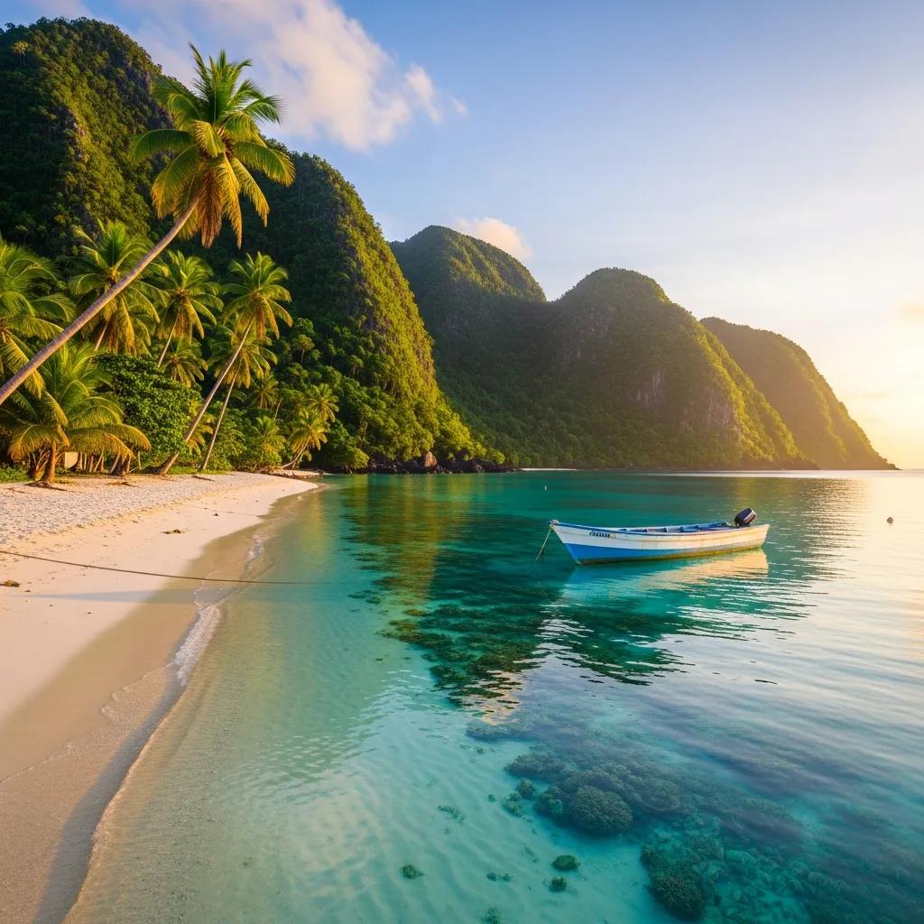 Tranquil Caribbean beach with clear turquoise waters, lush green hills, and a small boat anchored near the shore, highlighting serene and underrated tropical vacation destinations.