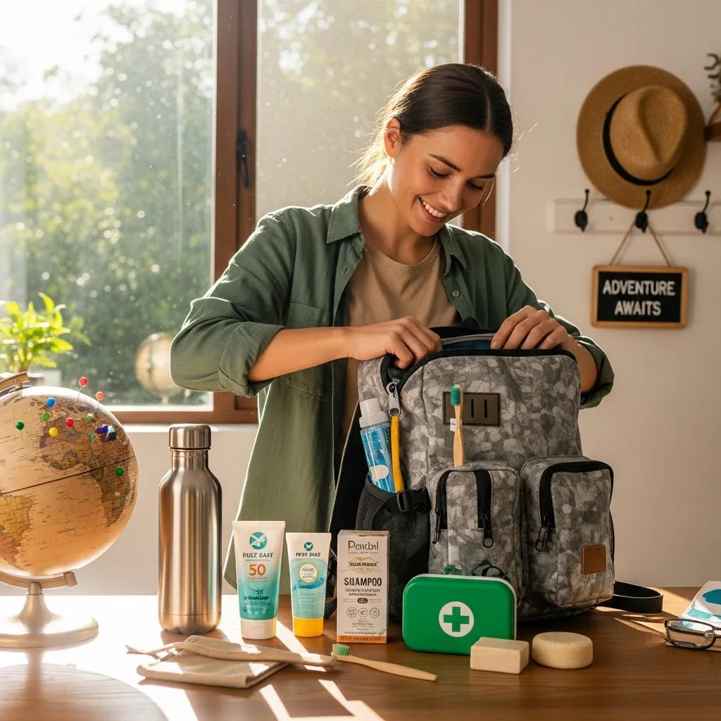 Traveler organizing eco-friendly gear in a backpack, including reef-safe sunscreen, water bottle, and first aid kit, with a globe and adventure-themed decor in a bright room.