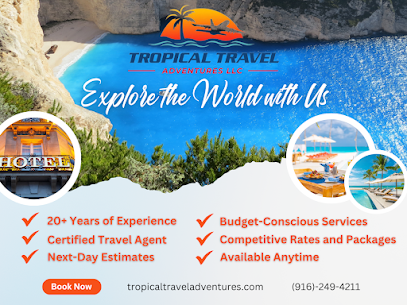 Tropical Travel Adventures LLC promotional graphic featuring a scenic beach view, hotel sign, and travel service highlights including experience, budget-conscious options, and contact information for Mexico vacation planning.