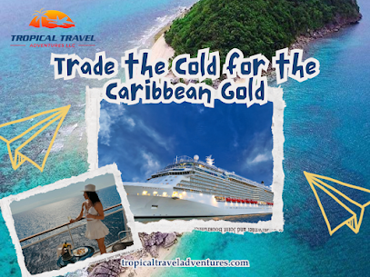 Tropical Travel Adventures promotional image featuring a cruise ship in turquoise Caribbean waters, with a woman enjoying the view, encouraging travelers to exchange cold climates for tropical vacations.