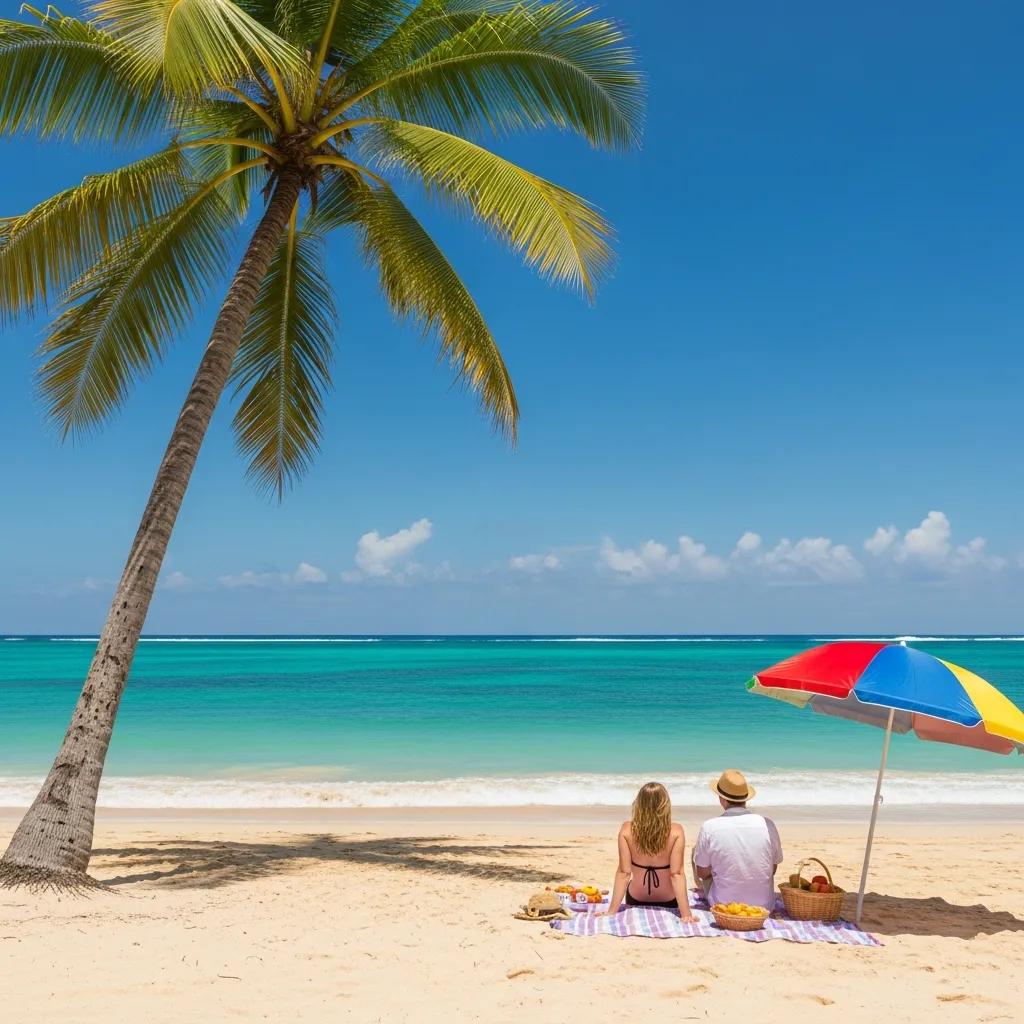 Couple enjoying a budget-friendly tropical vacation on a beach with palm trees and clear blue water