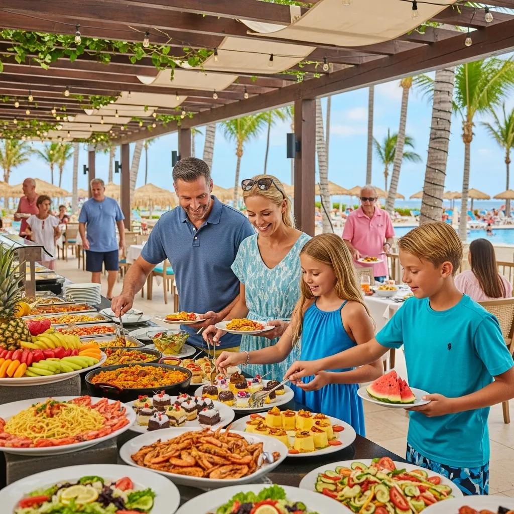 Family dining at an all-inclusive resort buffet, highlighting financial advantages of bundled meals