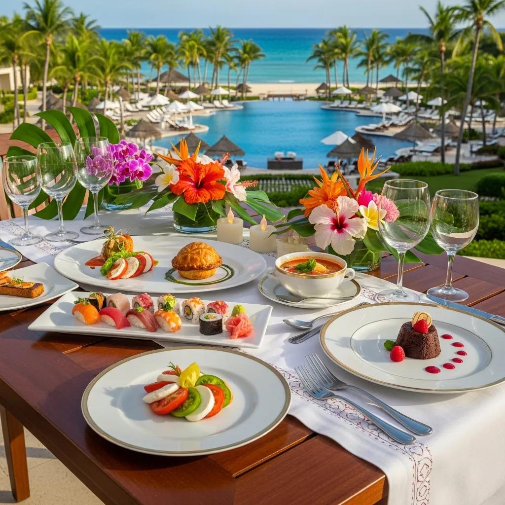 Gourmet dining setup at an all-inclusive resort, showcasing culinary variety and luxury