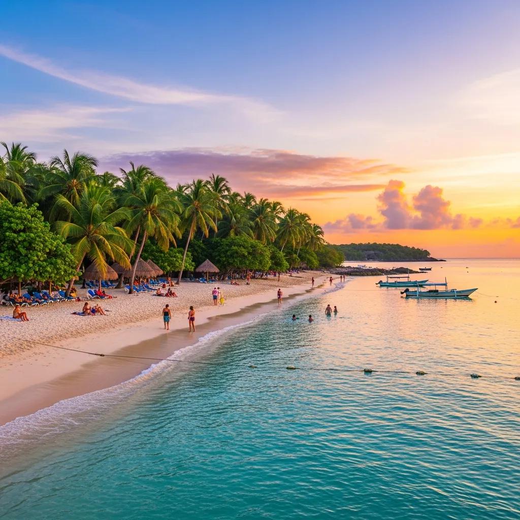 Scenic view of a tropical beach destination with clear water and sunset, representing budget-friendly travel