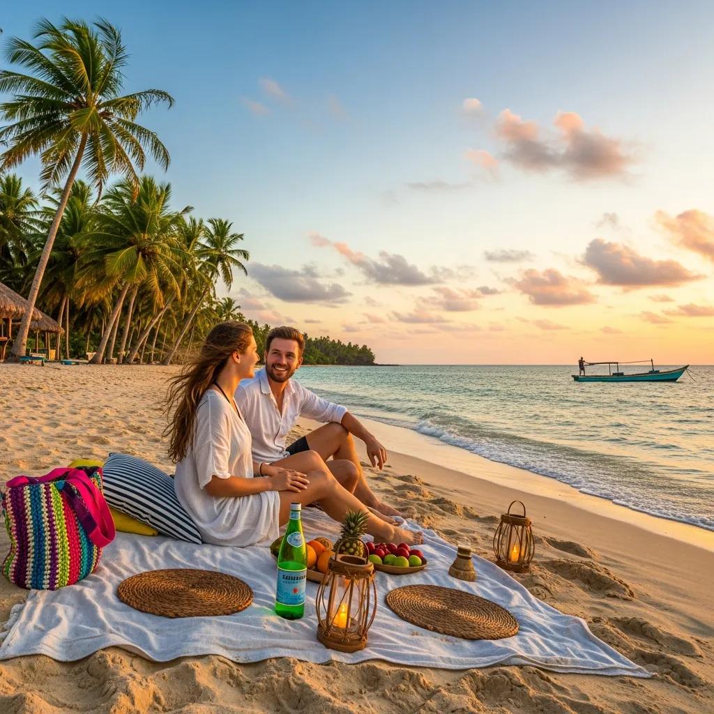 Tropical beach scene with clear waters and palm trees, representing affordable tropical vacations