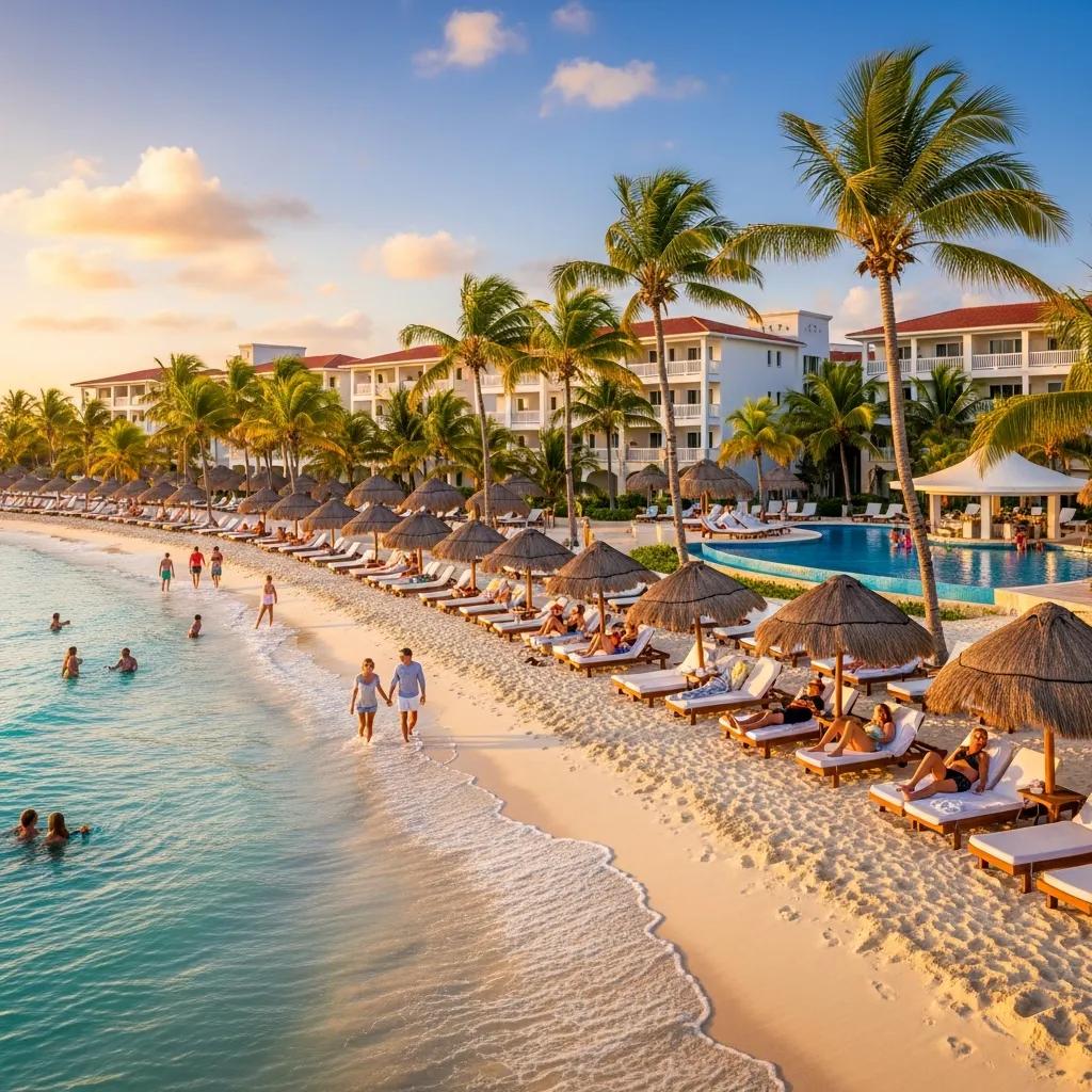 Tropical beach with an all-inclusive resort, showcasing relaxation and vacation enjoyment