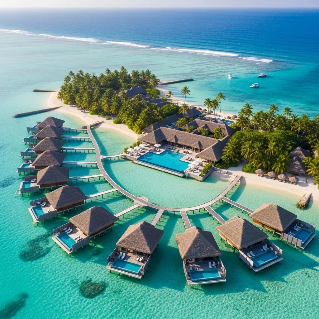 Aerial view of a luxury tropical resort with overwater bungalows and private pools