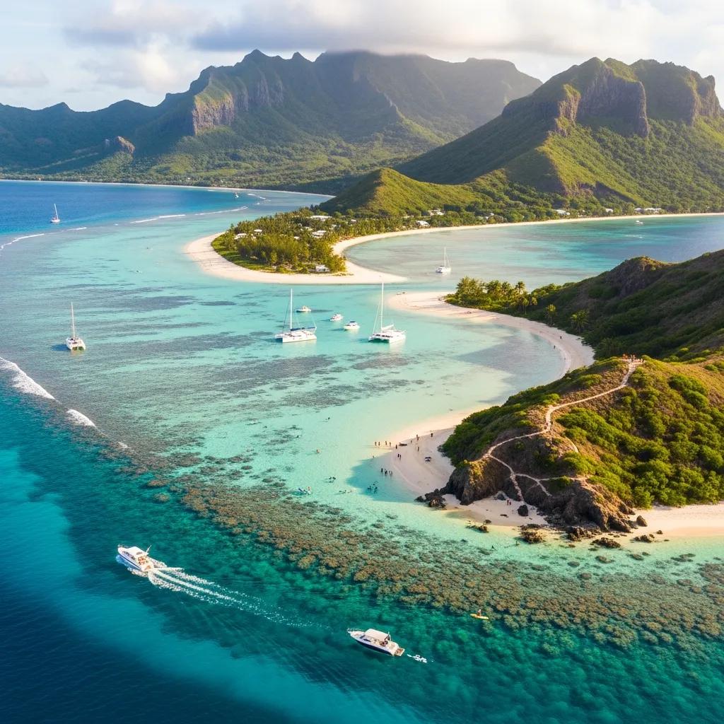Aerial view of a tropical island showcasing diverse landscapes and adventure activities