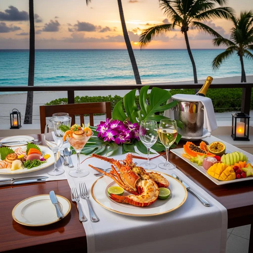 Elegant dining setup with seafood and tropical fruits at a luxury resort