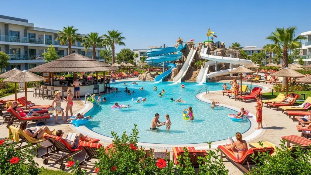 Family-friendly resort with children playing in the pool and parents relaxing, illustrating all-inclusive activities for families