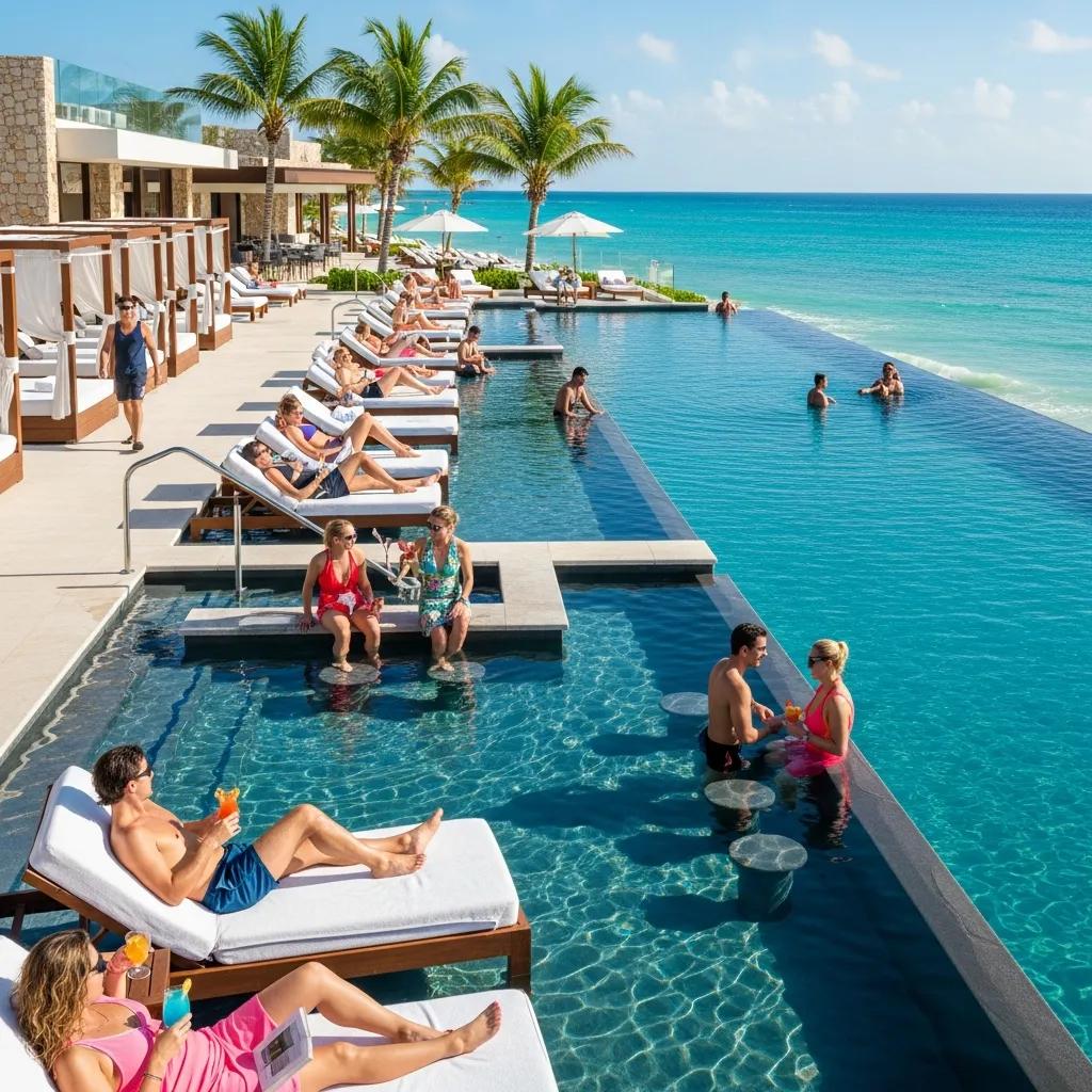 Infinity pool at a resort with guests relaxing, illustrating all-inclusive vacation packages