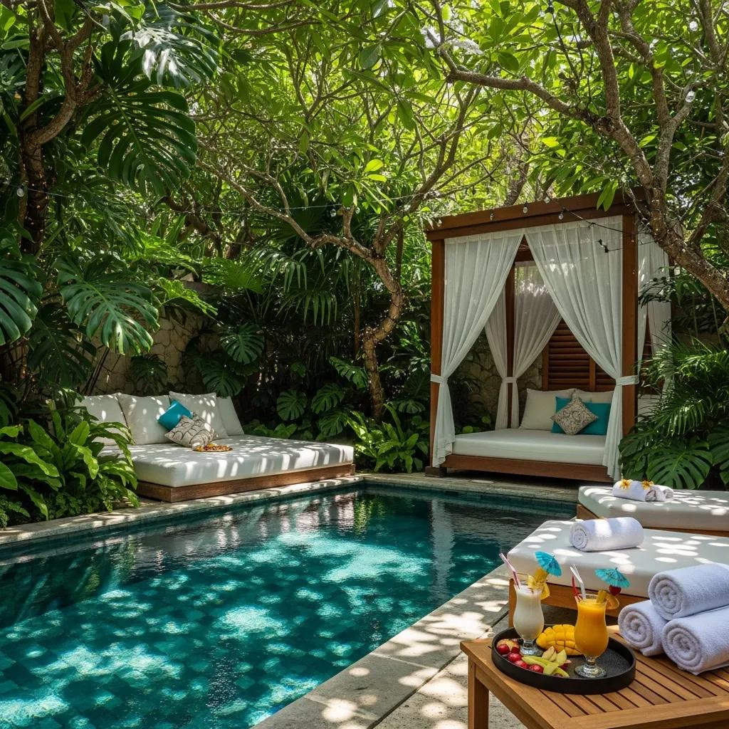 Private plunge pool in a tropical resort with lush surroundings
