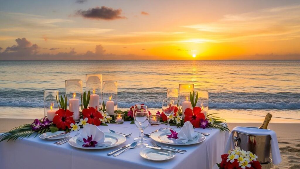 Romantic beach dinner setup for honeymooners, showcasing exclusive travel offers for Elk Grove couples