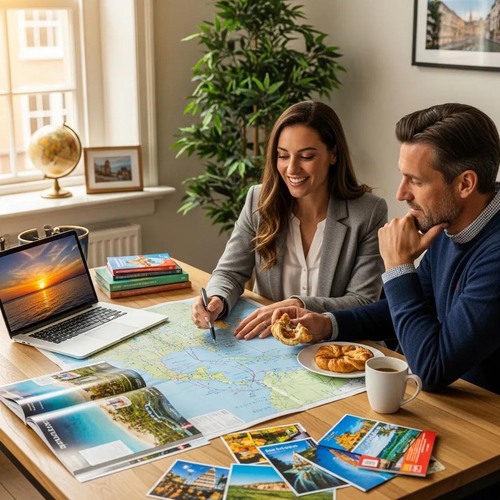 Travel advisor assisting a client in creating a custom tropical itinerary, emphasizing personalized vacation planning