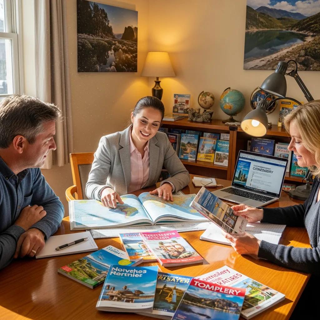 Travel agent assisting a couple with a personalized travel itinerary, showcasing tailored travel experiences