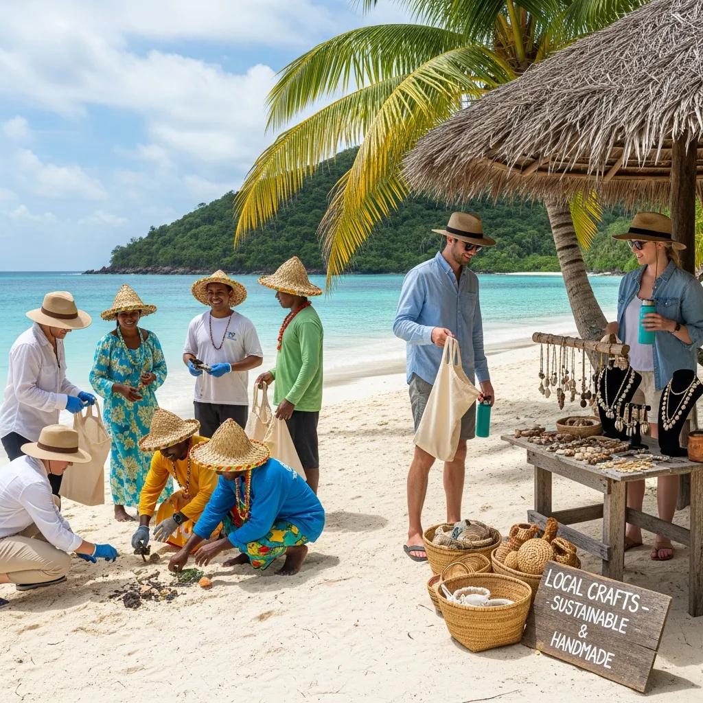 Travelers engaging in sustainable tourism practices on a tropical island, emphasizing community involvement