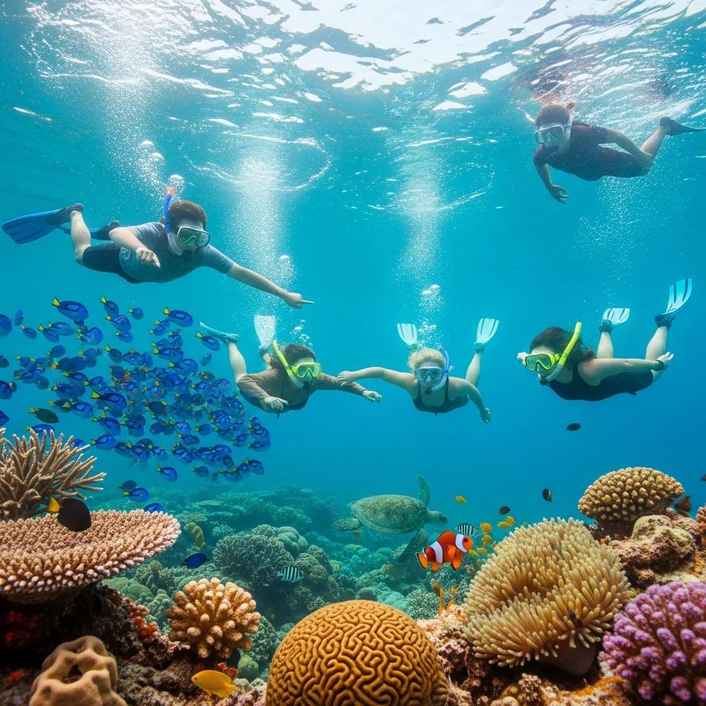 Travelers snorkeling in a coral reef, representing adventure in tropical destinations for various travel styles