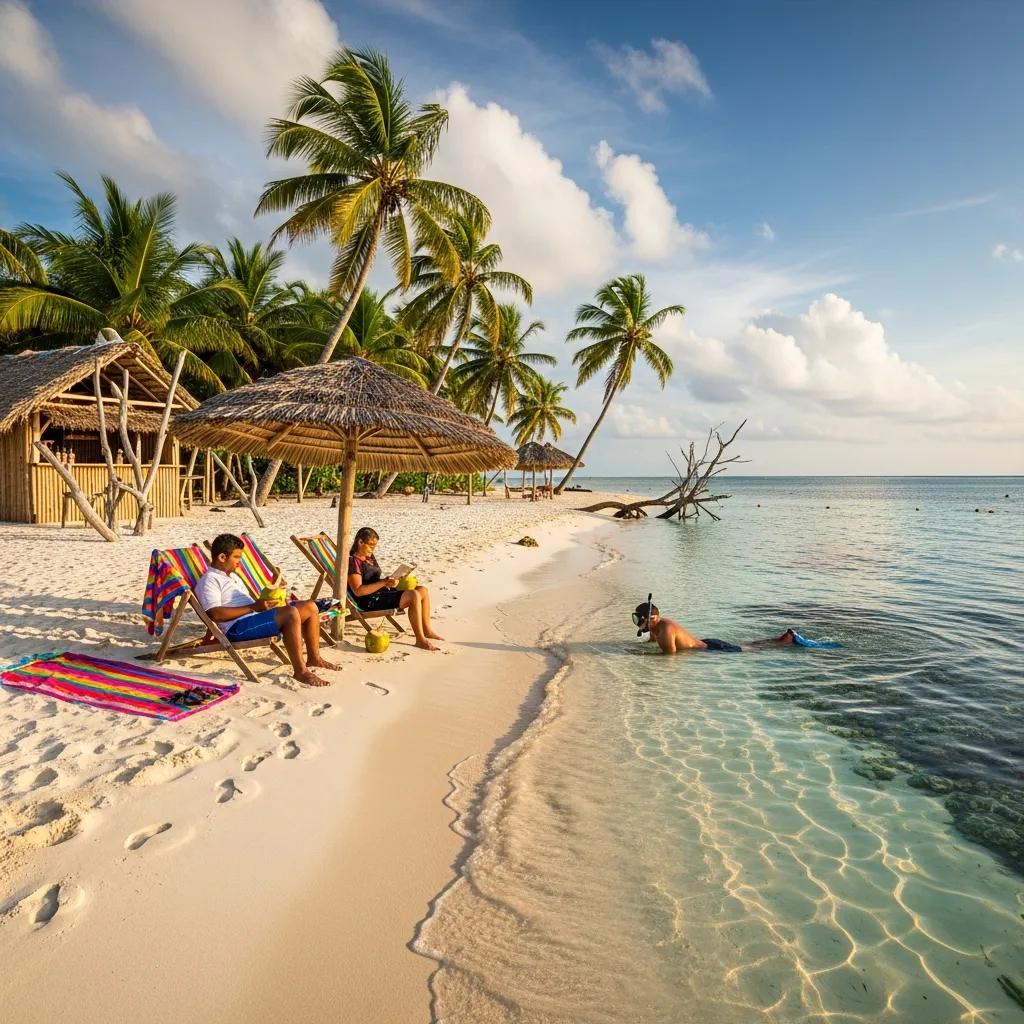 Tropical beach scene representing hidden affordable island getaways with clear waters and palm trees