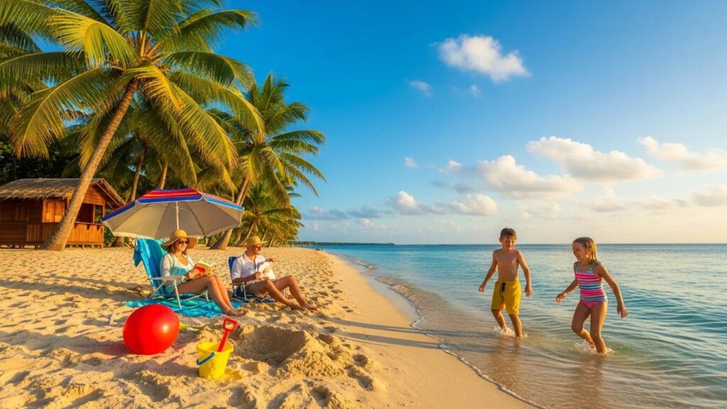 Tropical beach scene with a family enjoying their vacation, highlighting the best travel packages for Elk Grove residents