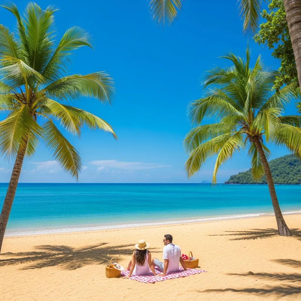 Tropical beach scene with clear waters and palm trees, representing affordable travel packages in Elk Grove, CA