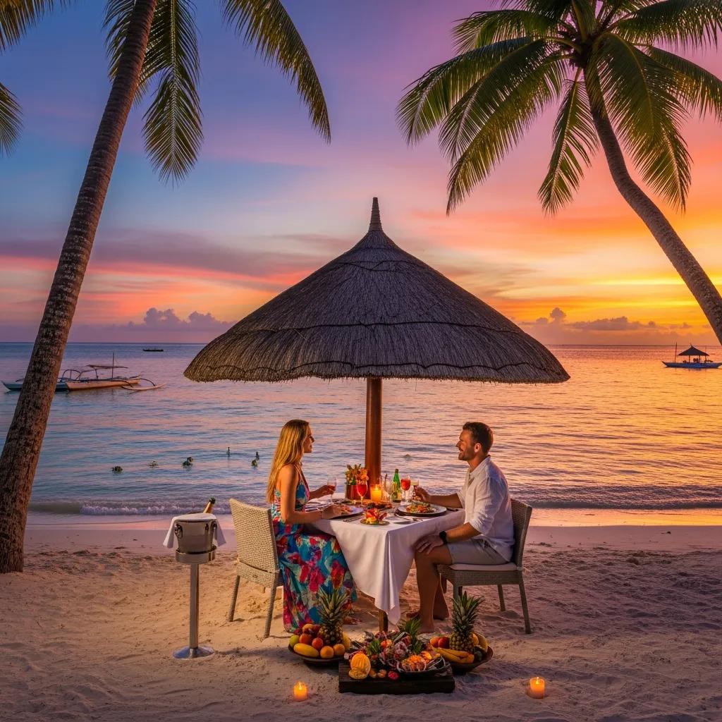 Tropical beach scene with couple dining under an umbrella, showcasing the essence of a perfect tropical vacation