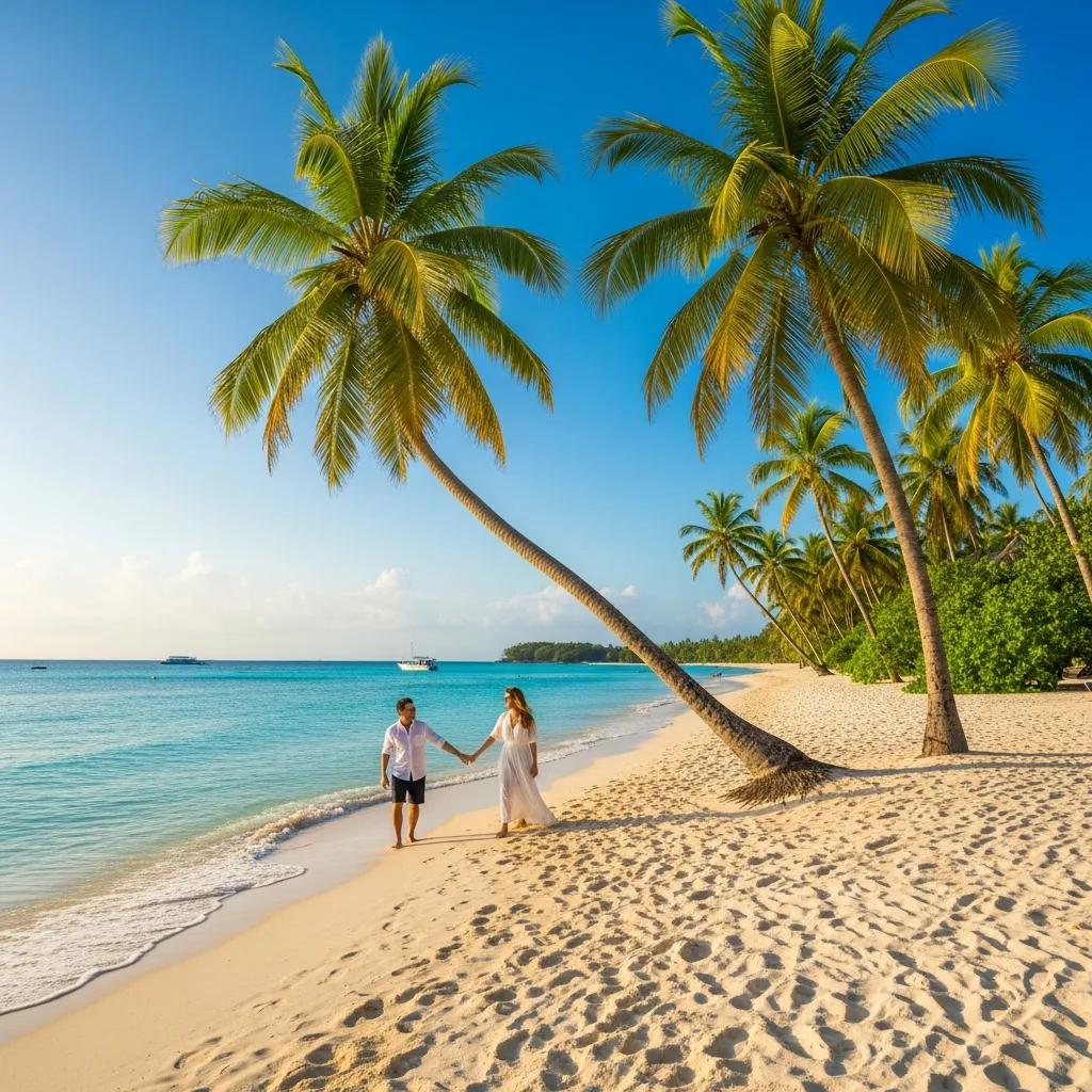 Tropical beach scene with couple enjoying a romantic getaway, highlighting the allure of expert vacation planning