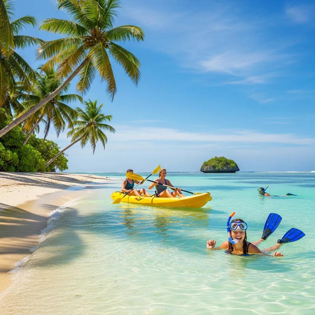 Tropical beach scene with travelers enjoying snorkeling and kayaking in clear blue waters