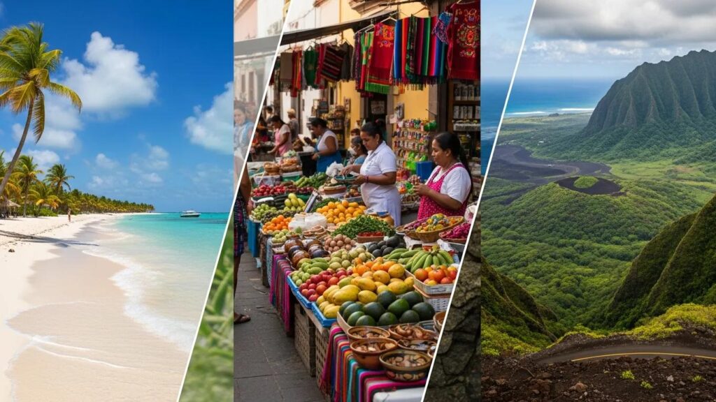 Collage of Caribbean beach, Mexican market, and Hawaiian landscape showcasing tropical destinations