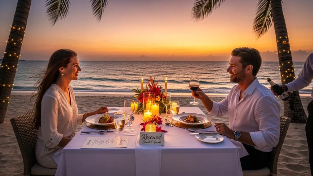Couple dining on a private beach, showcasing tailored experiences for travelers