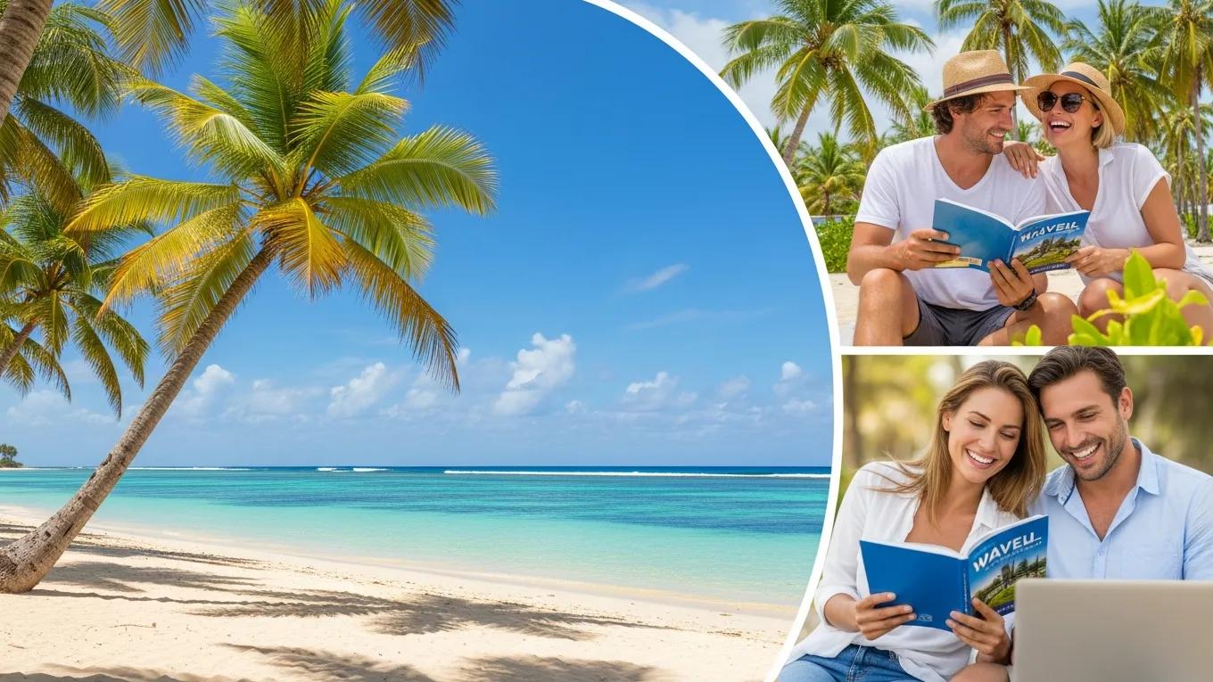 Couple planning a tropical vacation on a beach with palm trees and clear waters