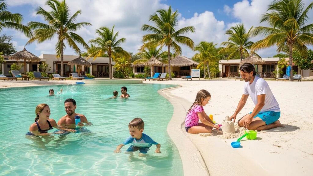 Family enjoying a budget-friendly vacation at a tropical resort