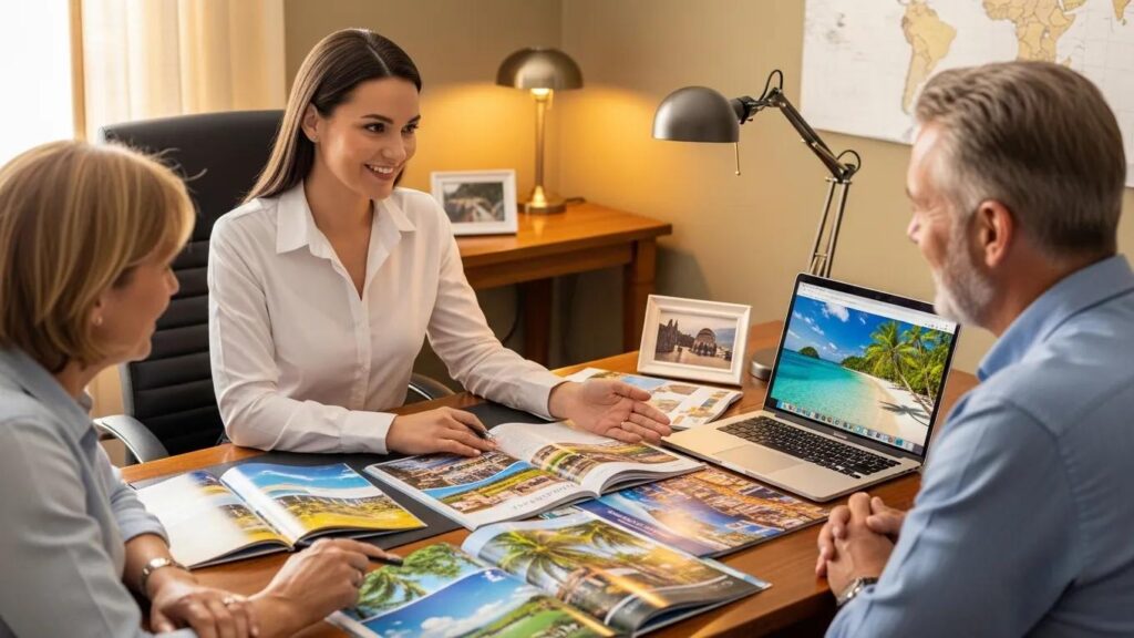Travel consultant assisting a couple with expert planning for their vacation
