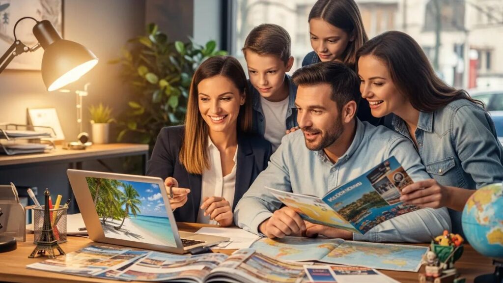 Travel expert consulting with a family about planning a tropical vacation