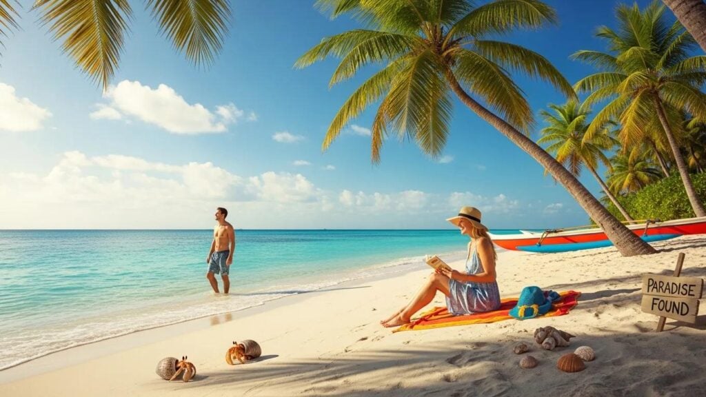 Tropical beach scene representing affordable travel services and vacation packages