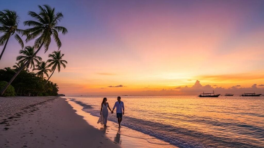 Tropical beach scene with couple enjoying a romantic getaway