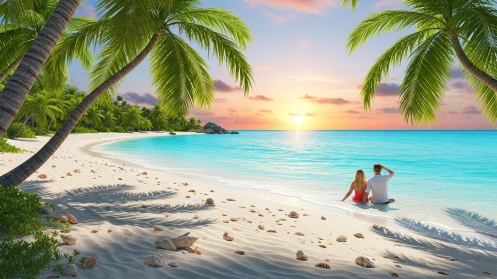 Tropical beach scene with couple enjoying a sunset, representing personalized vacation planning