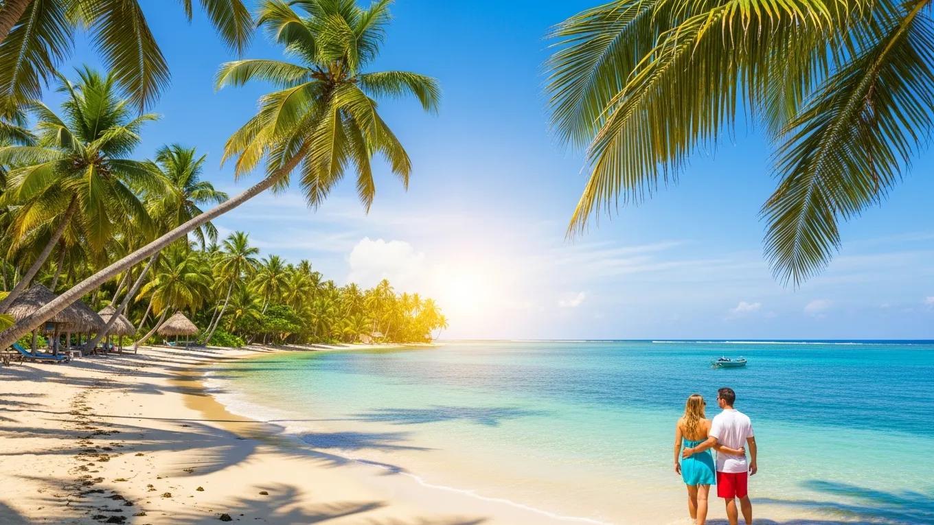 Tropical beach scene with couple enjoying sunset, representing custom travel packages