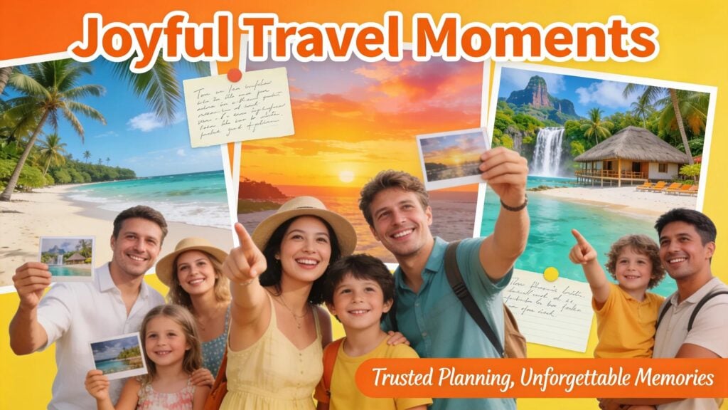 Happy travelers enjoying their tropical vacations and sharing positive feedback