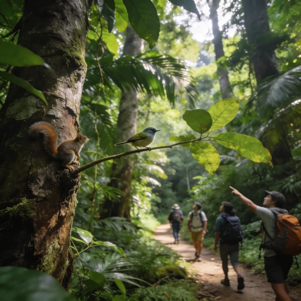Hikers following a scenic trail through a lush tropical rainforest toward a distant waterfall