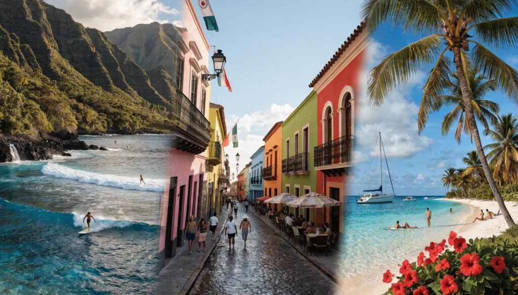 Panoramic view of Hawaiian landscapes, Mexico's vibrant culture, and Caribbean beaches