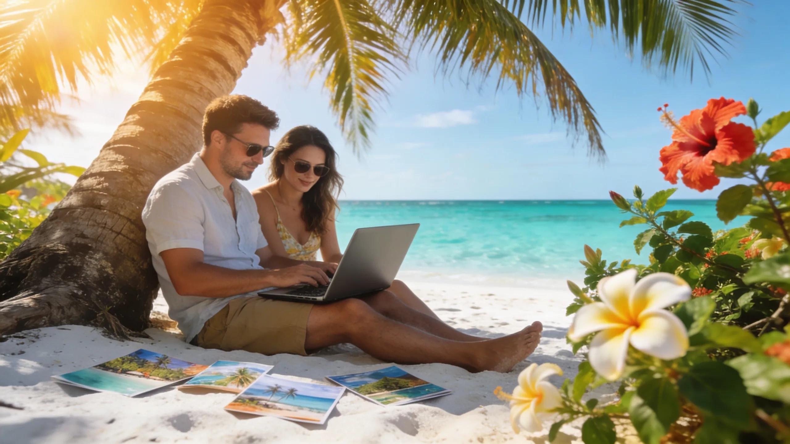 Couple planning a tropical vacation on a laptop at the beach, surrounded by palm trees and travel brochures