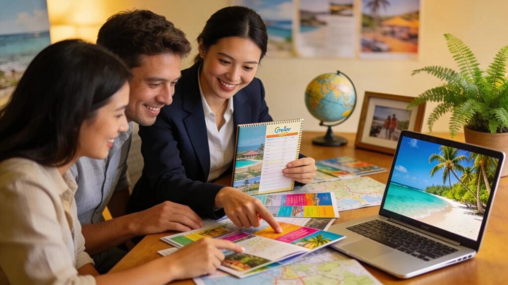 Travel agent assisting clients with personalized travel planning and brochures