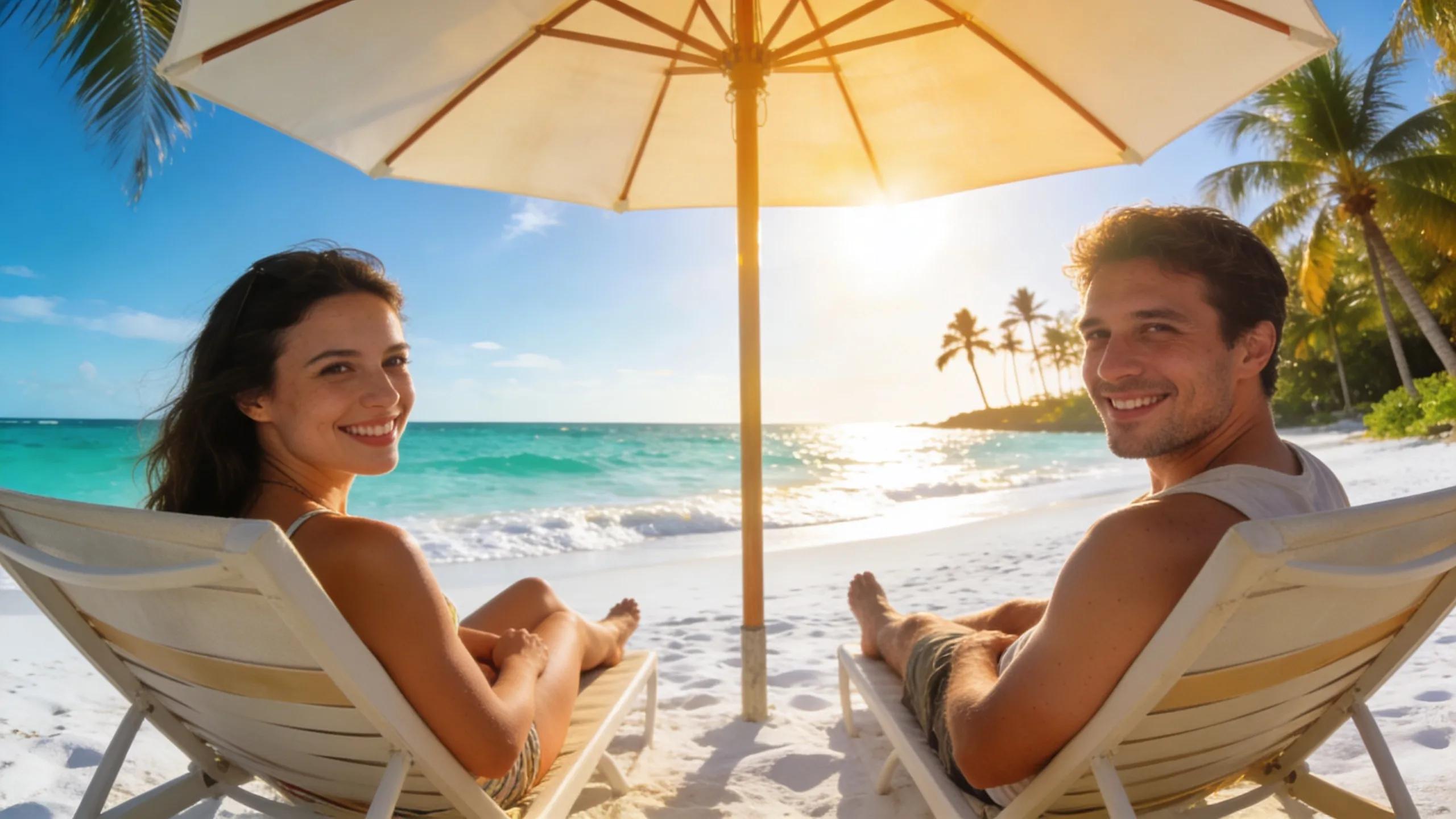 Tropical beach scene with palm trees, turquoise waters, and people relaxing