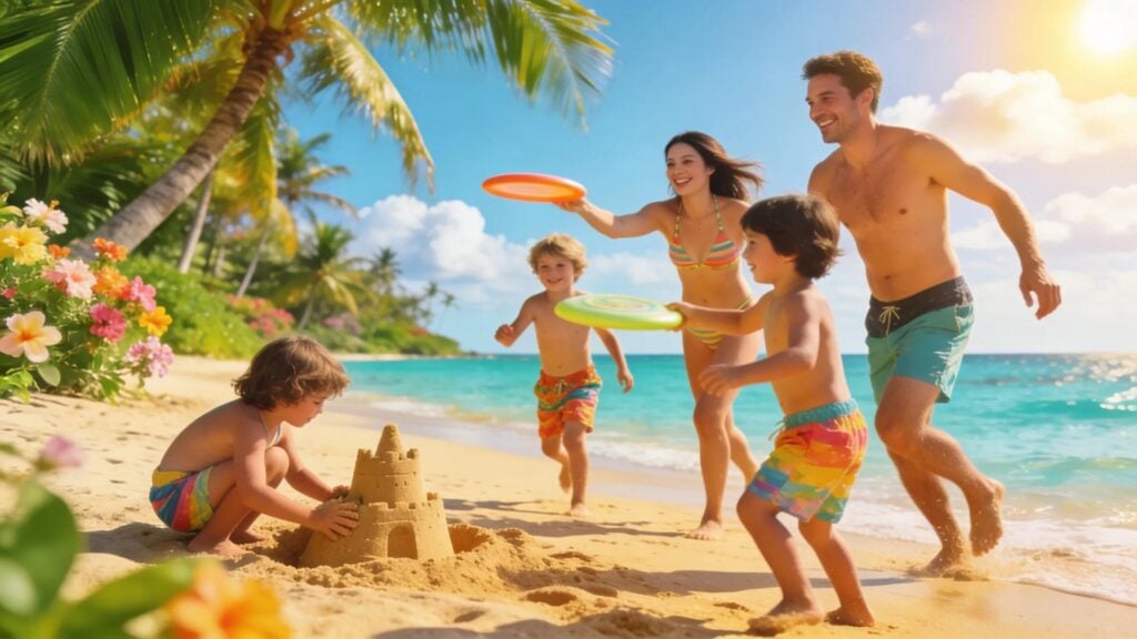 Family enjoying beach activities during a tropical vacation, surrounded by a lush tropical landscape